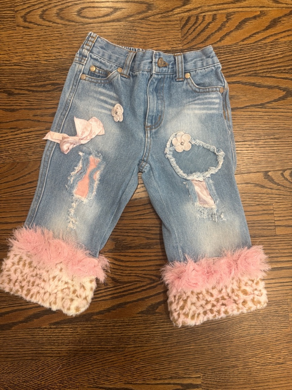 Light Blue Girls' Denim Jeans with Pink Faux Fur Cuffs